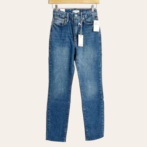 Good American Good Classic High Rise Raw Hem Denim Blue Jeans Size 0/25 NWT